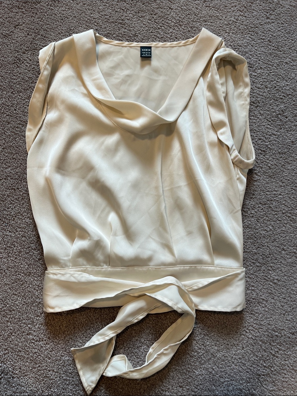 SHEIN Cream Sleeveless Cowl Neck Tie-Waist Blouse